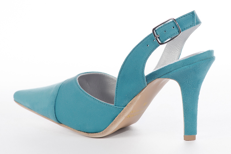 Turquoise blue women's slingback shoes. Pointed toe. High slim heel. Rear view - Florence KOOIJMAN